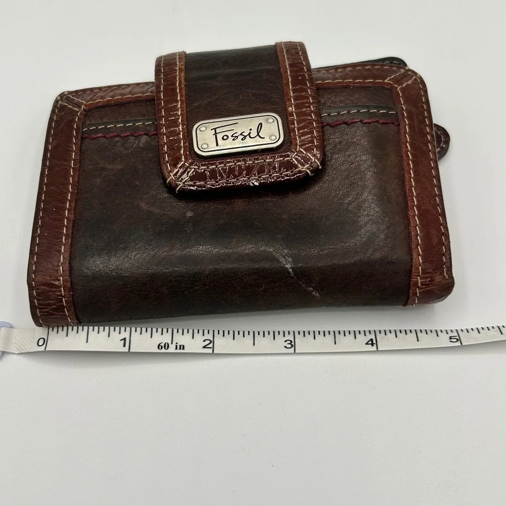 Fossil Vintage Brown Leather Bifold Wallet Distressed Contrast Stitch Boho